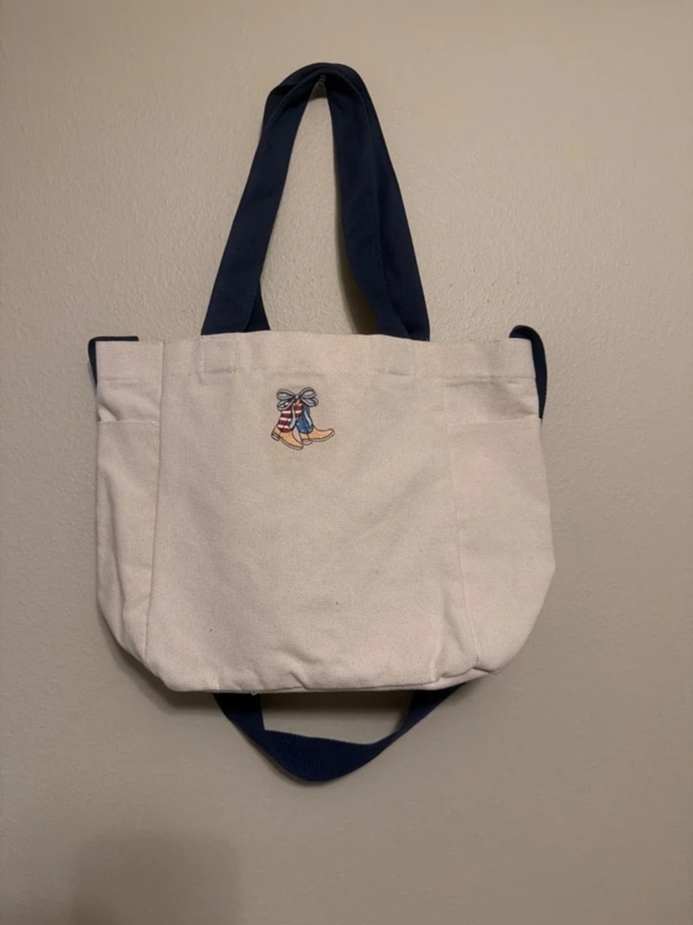 Canvas Tote Bag with Navy Handles - Cream